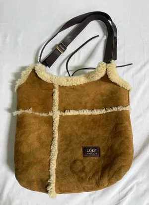 UGG Australia Chestnut Suede Shearling Trim Crossbody Hobo Bag Brown Leather thumbnail 1