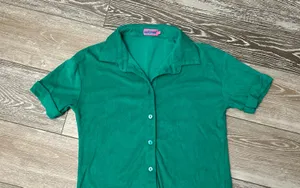 Sz S Green Terrycloth Short Sleeve Top Button Down Shirt Terry Cloth thumbnail 4