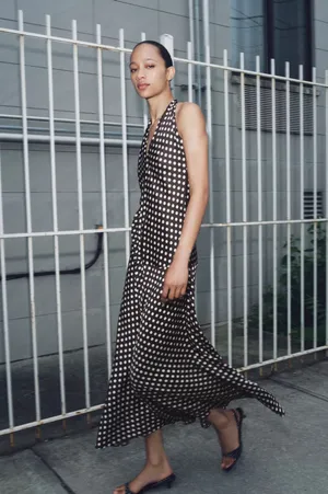 Zara Elegant Brown and White Polka Dot Halter maxi flowy Dress thumbnail 10