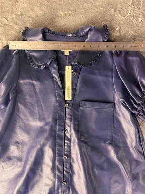 Anthropologie Pilcro Navy Faux Leather Button Front Mini Dress S Collared Puff Sleeve Pockets thumbnail 10