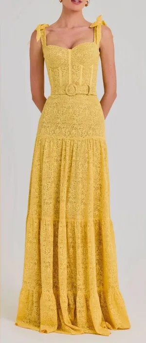 NEW NADINE MERABI Miranda Lace Yellow Belted Gown sz 6 thumbnail 1