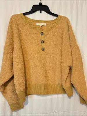 Sugar Moon Mustard Yellow Teddy Knit Henley Sweater XL Cozy Crop thumbnail 1