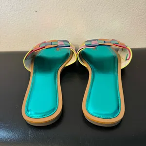 Women’s Metallic Slide Sandals – Color Block Woven Strap, Flat Comfort thumbnail 8