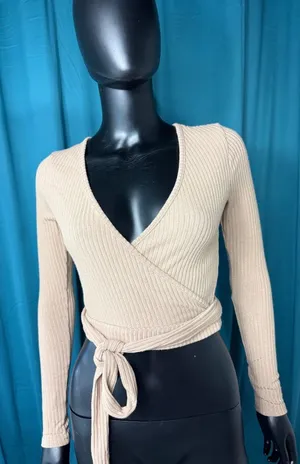Windsor Wrap Top Ribbed Long Sleeve Tie Front Crop Top Beige Size M thumbnail 1