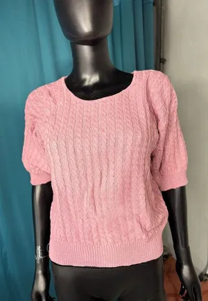 Peggy's vtg Pink Cable Knit Short Sleeve Sweater Top Size‎ S thumbnail 1
