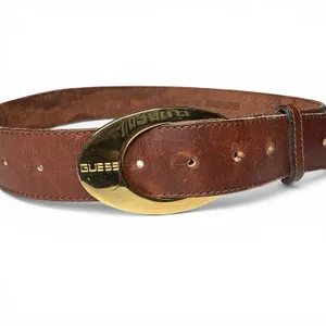Guess Genuine Leather Belt Small‎ Brown Large Gold Buckle Adjustable Logo Y2K thumbnail 3