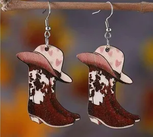Cute little wooden cowgirl hat and boots dangling earrings thumbnail 2