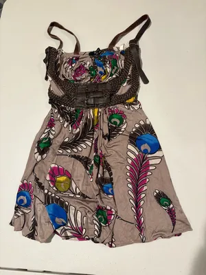 Vintage Sky Multicolor Feather-Print Casual Dress with Braided Brown Waist thumbnail 2