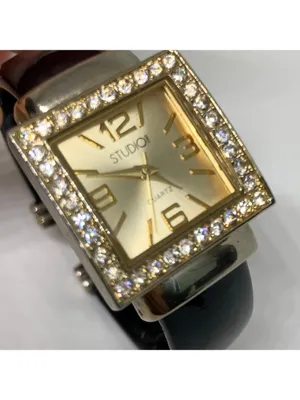 Studio women’s watch gold tone rhinestones 26mm quartz analog cuff band running thumbnail 2