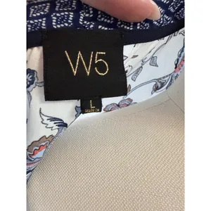 W5 Floral Boho V-Neck Blouse Cream Blue Orange Geometric Trim Short Sleeve Large thumbnail 4