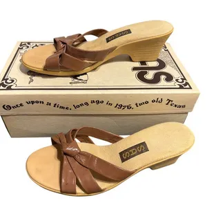 SAS Brown Leather Wedge Sandals Shoes Rubber 2.5" Heel Strappy Knot 249070 Sz 8 thumbnail 1