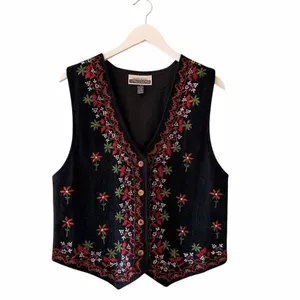 Body Xpressions Vintage Button Front Lined Vest Wool Blend Floral SZ M #2588 thumbnail 2