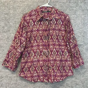 LAUREN RALPH‎ LAUREN Silk Blend Blouse Ikat Print Button Front Purple Medium Top thumbnail 1