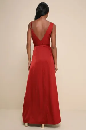 Lulus Poised Sophistication Rust Red Satin Wrap Maxi Dress - NWT - Size M - 63" Length thumbnail 2