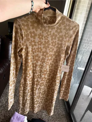 American Eagle Outfitters Tan Floral Mock Neck Long Sleeve Dress thumbnail 1