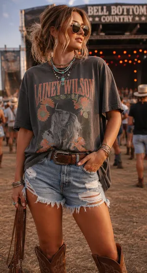 Lainey Wilson Bell Bottom Country Tour Graphic XL Western Cowgirl Boho T Shirt thumbnail 1