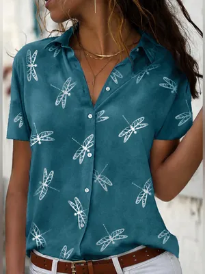 Amazon Sky Blue Dragonfly Print Button-Up Shirt - Size-Medium Naturecore thumbnail 4