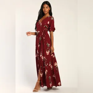 Lulus September Sunsets Burgundy Floral Maxi Wrap Dress thumbnail 2