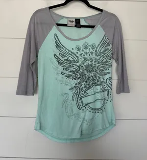 Harley Davidson Women’s Small Mint Green Raglan Shirt Y2K 2000s Biker thumbnail 1