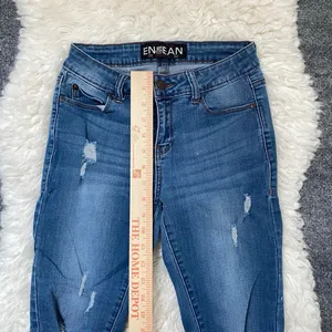 Enjean Blue Denim Skinny Jeans Distressed Raw Hem Y2k Boho Chic Grunge Alt thumbnail 4