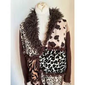 Storybook Knits Mixed Animal Print Brown Cardigan Medium Faux Fur thumbnail 3