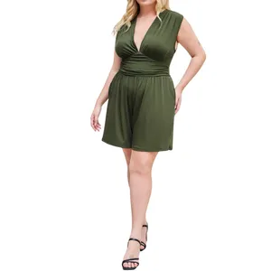 Cider Green Jersey V-Neck Ruched Romper Plus SZ 1XL One piece Casual Wear Shorts thumbnail 6