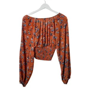 Free People New Final Rose Blouse Top Ruched Rust Orange Blue Floral Size XS thumbnail 6