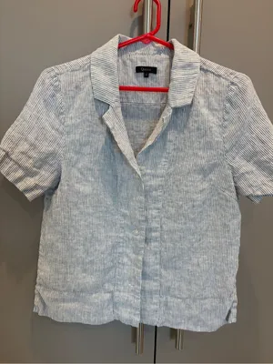 Quince 100% European Linen Blue Pinstripe Short Sleeve Button Up Shirt - small thumbnail 2