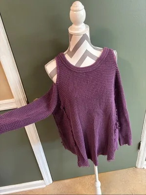 Free People Purple Waffle Knit Cold-Shoulder Sweater thumbnail 2