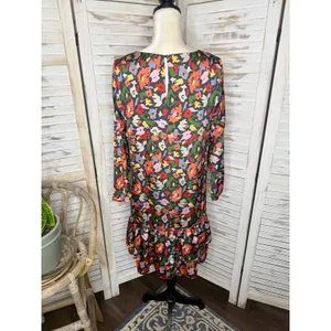 COMPANIA FANTASTICA Women's XL Satin Multicolor Floral Shift Dress Ruffle Hem thumbnail 4