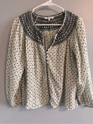 Madewell XS Embroidered Boho Peasant Blouse Cream‎ Black thumbnail 1