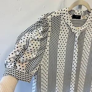 Tahari Womens Polka Dot Striped Blouse Black White Ruched Puff Sleeve Medium thumbnail 6