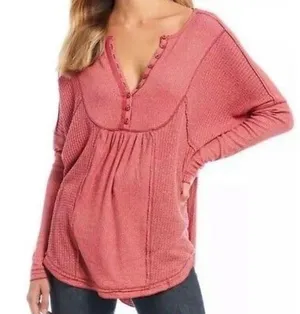Free People Leo Henley Lg Oversized Long Sleeve Tunic Light Red Vintage... thumbnail 1