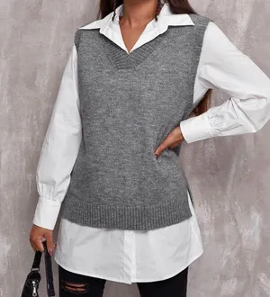 SheIn New  Solid Gray Oversized V-Neck Layering Sweater Vest Size Medium thumbnail 1