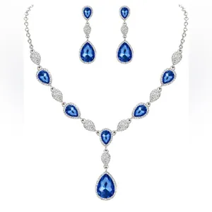 NIB!EleQueen Women Cubic Zirconia Teardrop Y-Necklaces Dangle Earrings Set thumbnail 2