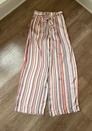 satin striped pants elastic waist belted pink grey women’s size M thumbnail 6