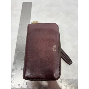 Fossil Logan Zip Around Clutch Wallet Burgundy Leather Teal Interior Wristlet thumbnail 3