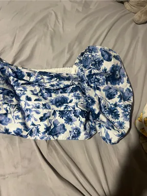 Abercrombie & Fitch Blue Floral‎ Puff Sleeve Crop Top Smocked Pleated L thumbnail 12