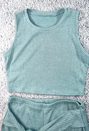 Sage Green Ribbed Knit 2 Piece Set Crop Top and Tie Waist Joggers XL thumbnail 1