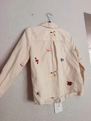 Sézane x Pangea Tomboy Shirt Fruit Floral Embroidered Ecru Linen Button down thumbnail 16