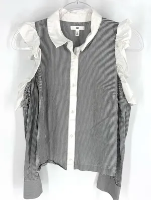 BP Stripe‎ Cold Shoulder Blouse with Ruffle Detail Grey White Size XS thumbnail 1