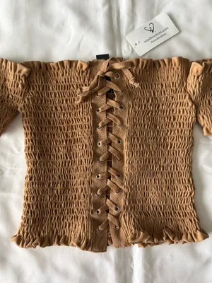 Camel Brown Off-Shoulder Lace-Up Crop Top thumbnail 2