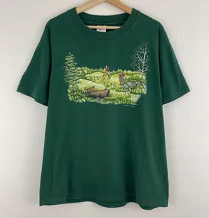 Vintage 1994 Dark Green Fox Hunt Sport Single Stitch Short Sleeve Graphic Tee thumbnail 1