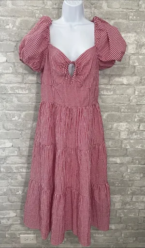 City Triangles Red Gingham Puff-Sleeve Midi Dress thumbnail 1