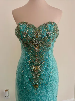 Mori Lee Turquoise Beaded Lace Mermaid Prom Dress | Size: 2-4 thumbnail 3