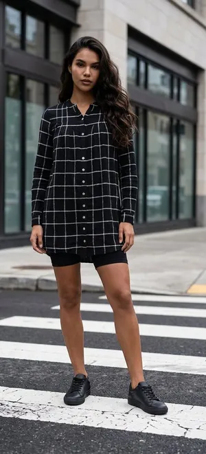 Madewell Women's Black and White Windowpane Print Collarless Button-Front Shirtd thumbnail 1