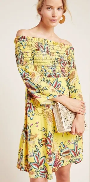 FARM Rio x Anthropologie | Bria Off Shoulder Smocked Dress Tropical Yellow | M thumbnail 1
