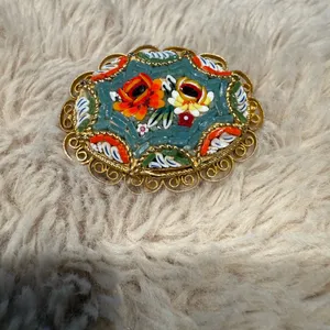 Vintage Gold‎ Micromosaic Micro Mosaic Flower Design Brooch Pin thumbnail 7