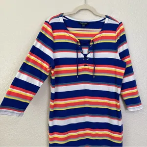 Lauren Ralph Lauren Multi Striped Lace Up 3/4 Sleeves Midi Dress, Size XL thumbnail 4