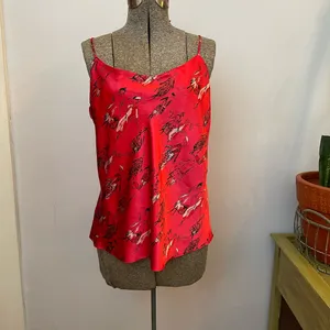 Vintage 90s Natori Private Luxuries Red Silk Cami Art Print Slip Tank XL💛 thumbnail 3